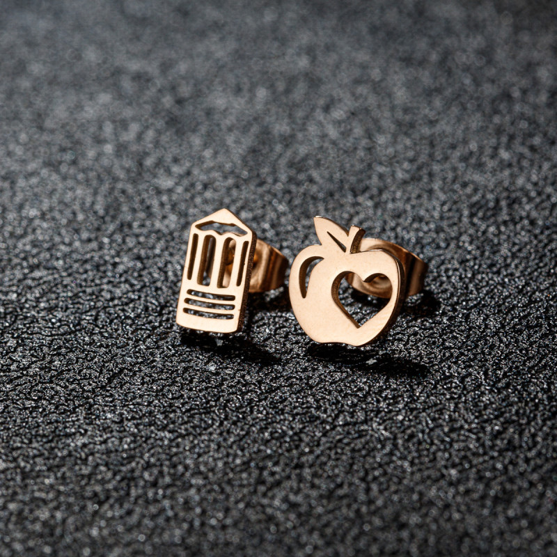 European and American fashion personality asymmetric pencil apple hollow love earrings ins girls stainless steel ear bone nails