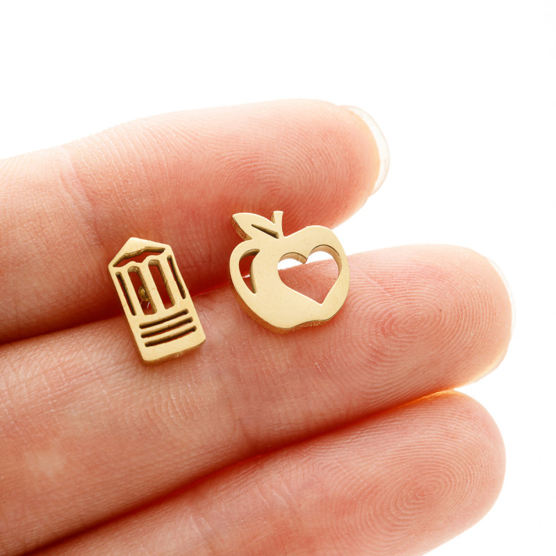 European and American fashion personality asymmetric pencil apple hollow love earrings ins girls stainless steel ear bone nails