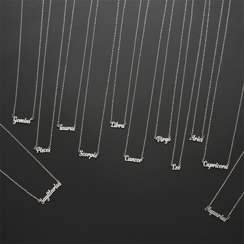 Cross-border simple stainless steel 12 constellation necklace European and American 18K versatile retro English constellation pendant jewelry wholesale