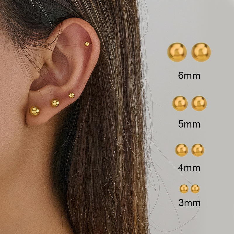 European and American foreign trade fashion stainless steel glossy ball earrings for women, simple geometric round piercing earrings, no need to remove them
