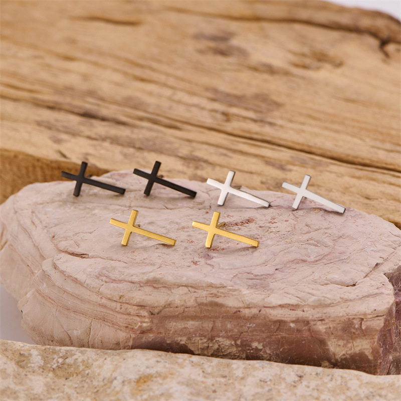 Cross-border supply European and American simple and personalized elongated cross earrings fashionable geometric piercing jewelry stainless steel