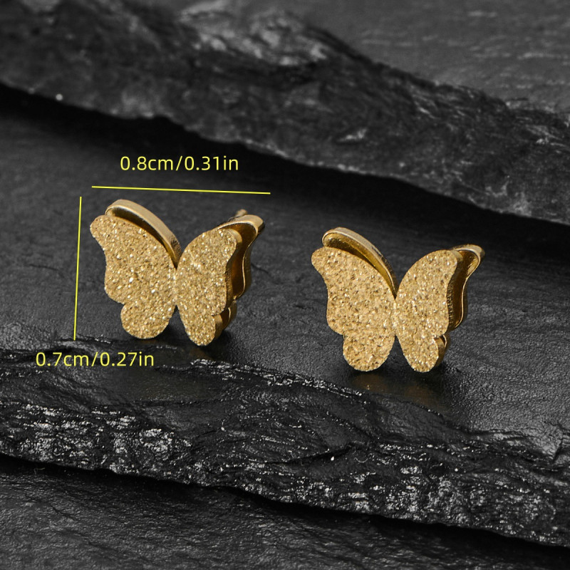 French niche design stainless steel double-layer frosted butterfly earrings for women, simple insect piercing earrings for women