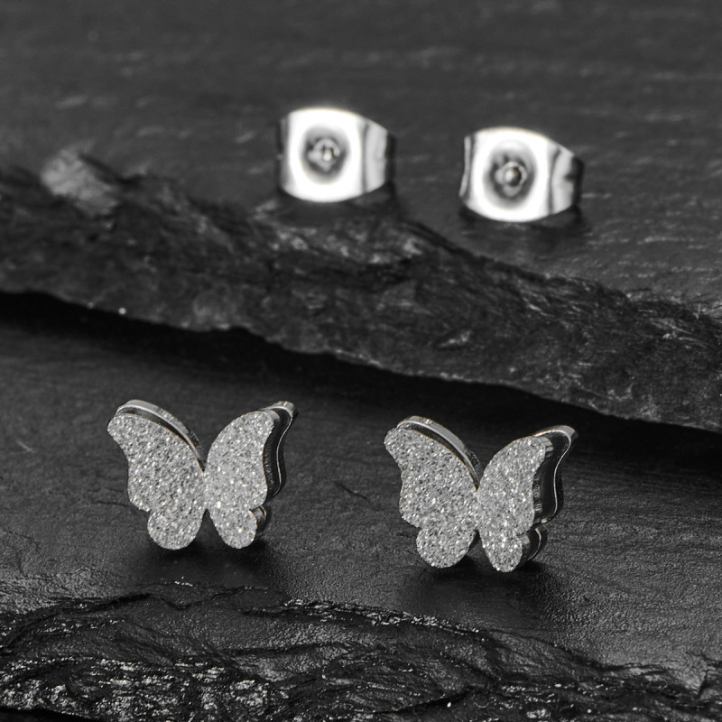 French niche design stainless steel double-layer frosted butterfly earrings for women, simple insect piercing earrings for women