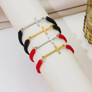 Manufacturer wholesale stainless steel cut geometric cross pendant bracelet with adjustable red and black rope bracelet