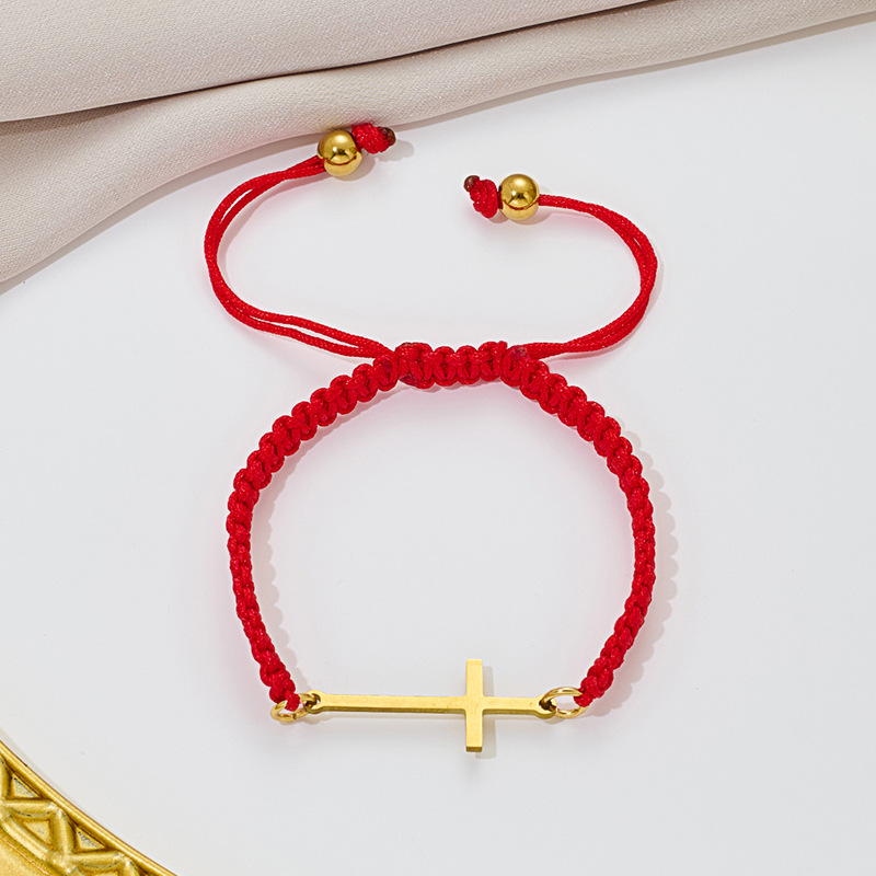 Manufacturer wholesale stainless steel cut geometric cross pendant bracelet with adjustable red and black rope bracelet