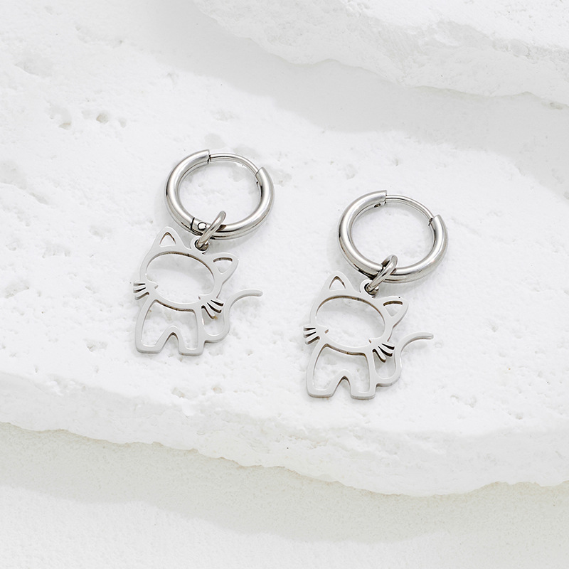Korean style forest stainless steel accessories fashionable cartoon small animal cat pendant earrings girls personalized hip-hop earrings