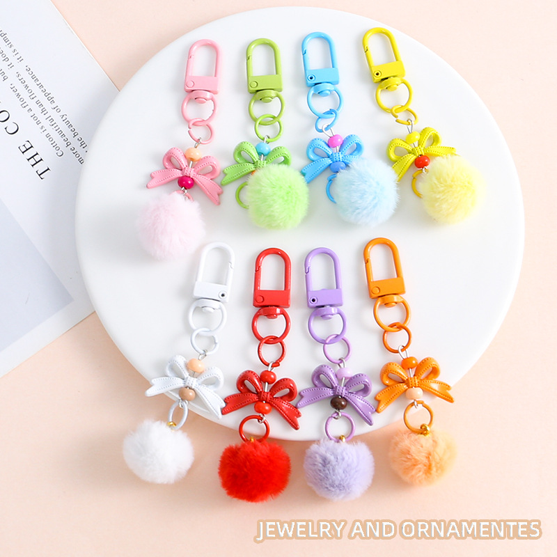 Naihuhu colorful fur ball streamer bow door buckle key chain pendant diy handmade pendant jewelry wholesale