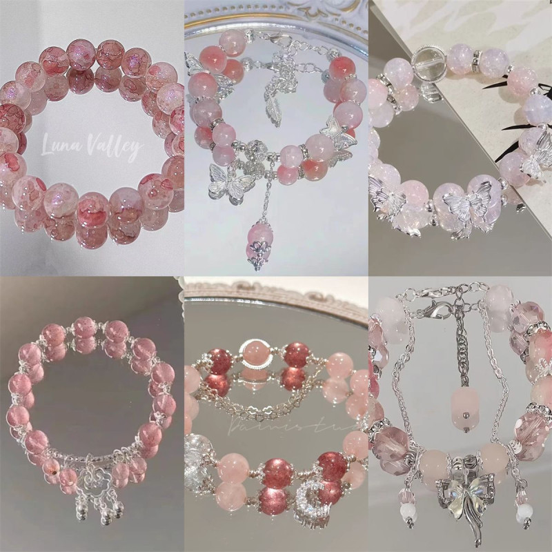Peach bow bracelet for women ins sweet and super white peach pink butterfly beaded bracelet student best friend gift