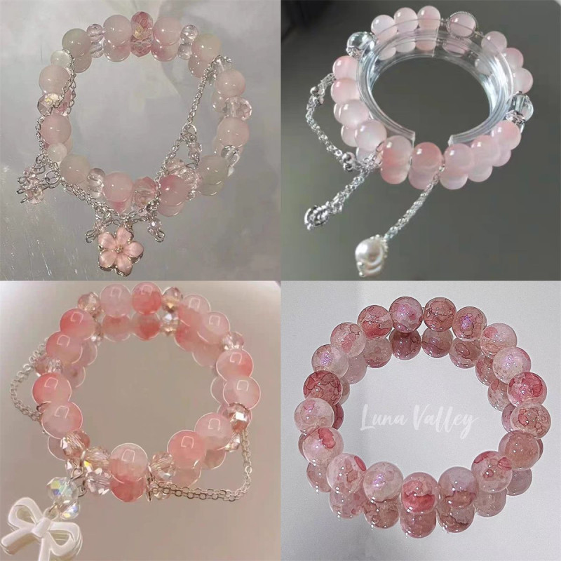 Peach bow bracelet for women ins sweet and super white peach pink butterfly beaded bracelet student best friend gift