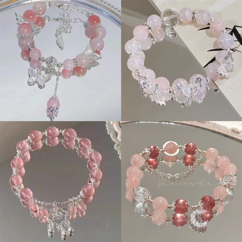 Peach bow bracelet for women ins sweet and super white peach pink butterfly beaded bracelet student best friend gift
