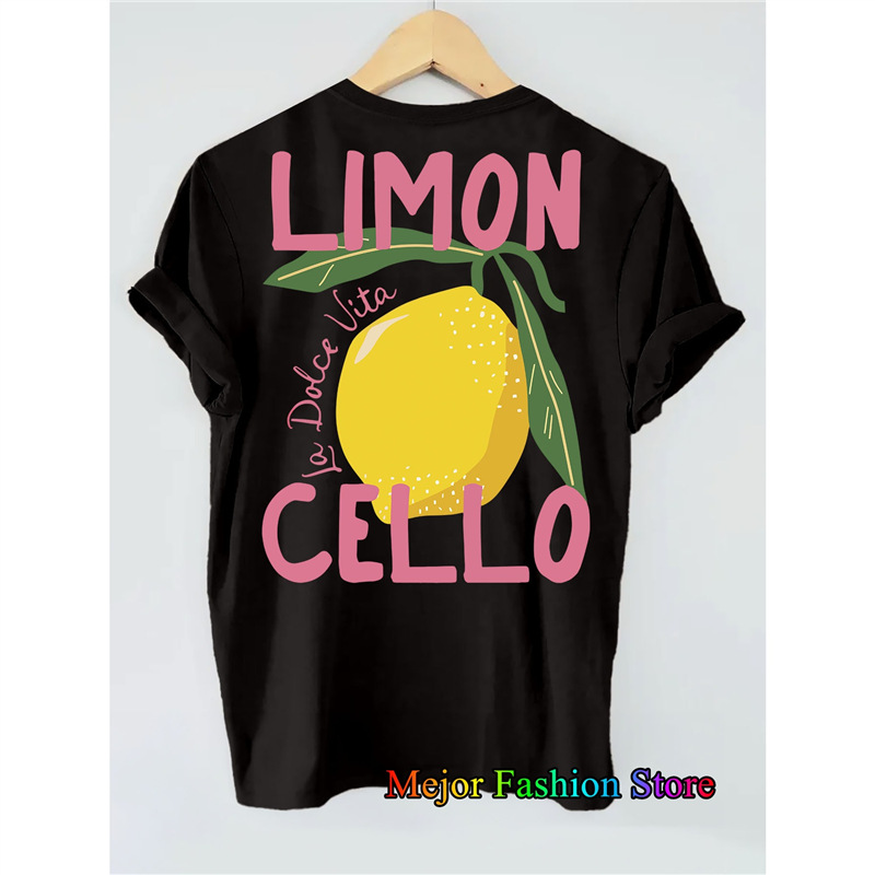 [European Size Cotton t] Lemon Pattern Letter Print Oversized T-Shirt for