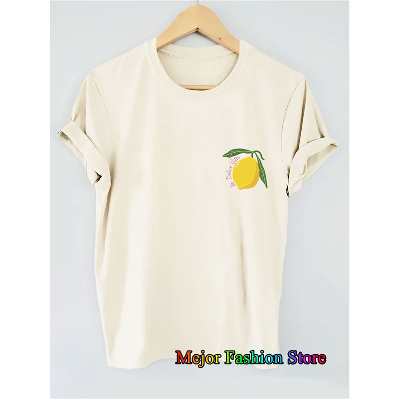 [European Size Cotton t] Lemon Pattern Letter Print Oversized T-Shirt for