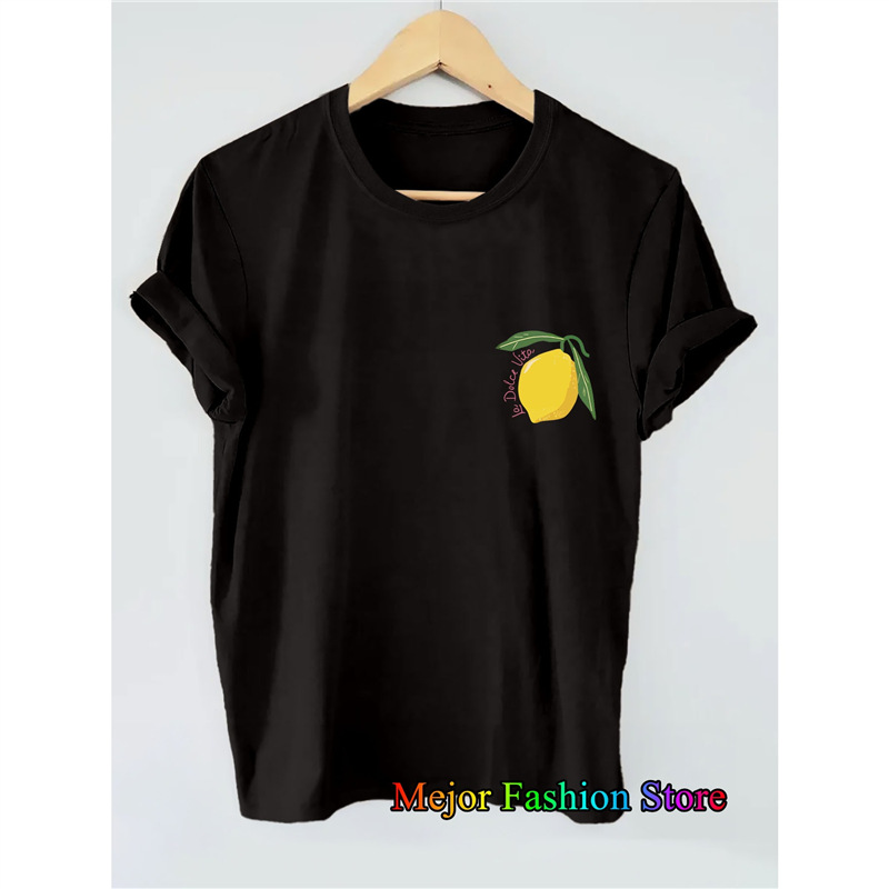 [European Size Cotton t] Lemon Pattern Letter Print Oversized T-Shirt for