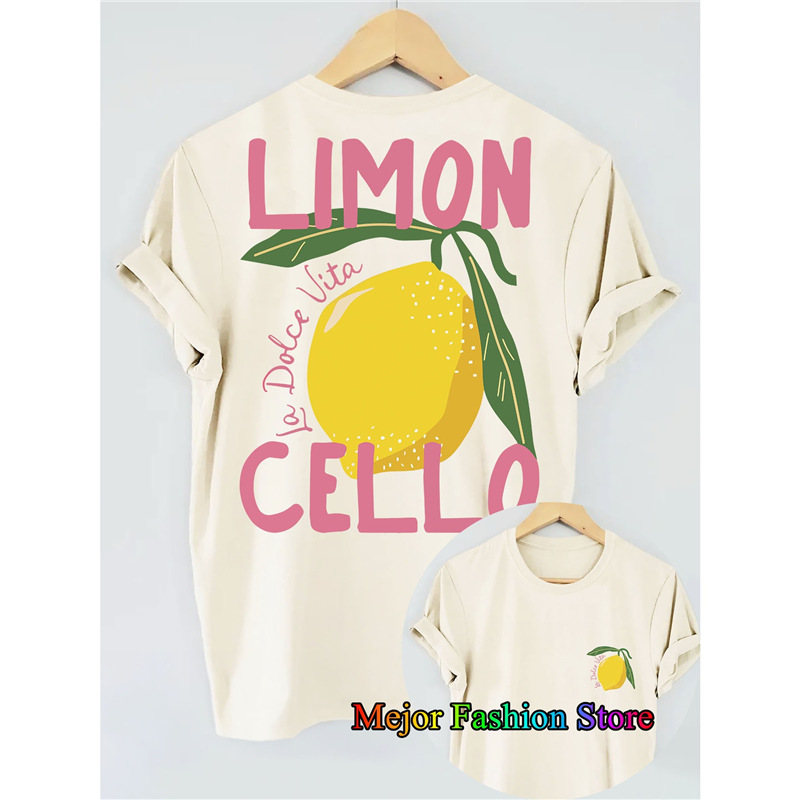 [European Size Cotton t] Lemon Pattern Letter Print Oversized T-Shirt for