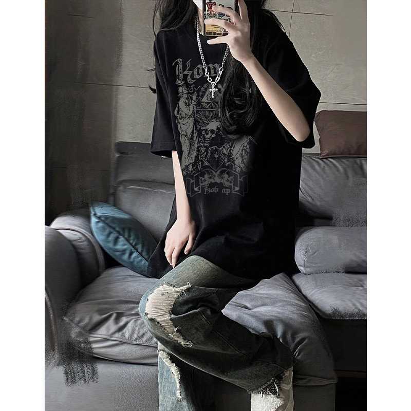 European Size Cross-Border Women's Dark Skull T-Shirt Chic Top Street Style Short-Sleeved Hiphop High-End American Fashion Ins