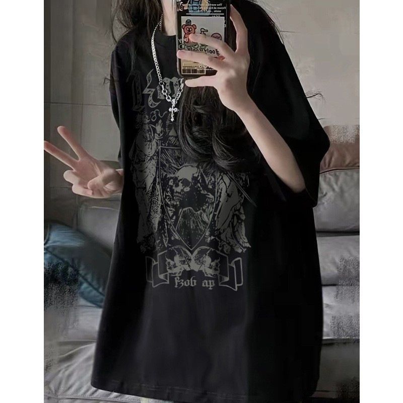 European Size Cross-Border Women's Dark Skull T-Shirt Chic Top Street Style Short-Sleeved Hiphop High-End American Fashion Ins