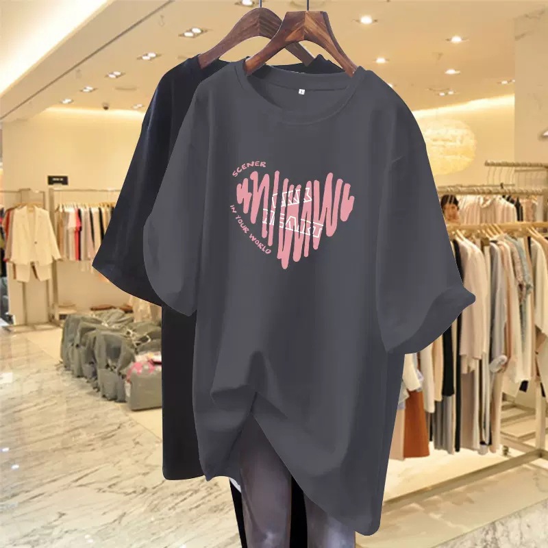 Specially Designed for Cross-Border Tops for Trendy Women 2024 Summer T-Shirts Mid-Length Letter Print Western Style Round Neck New Loose Butt
