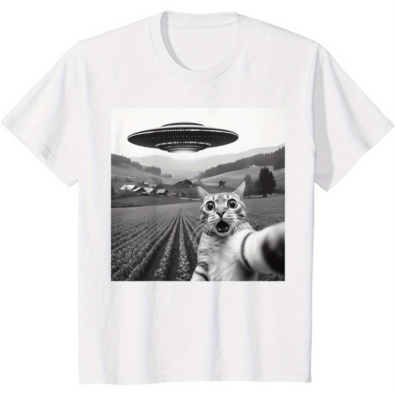 Cross-Border European Code Ufo and Cat Pattern Print Tshirt Women Men Summer Ca