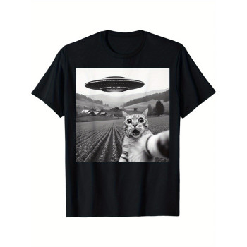 Cross-Border European Code Ufo and Cat Pattern Print Tshirt Women Men Summer Ca