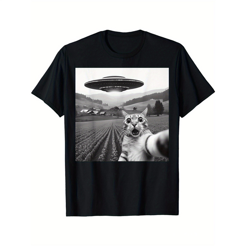 Cross-Border European Code Ufo and Cat Pattern Print Tshirt Women Men Summer Ca
