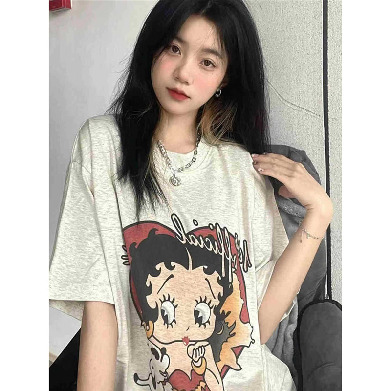 European Size Cross-Border Women's American Chic Plus-Size Hong Kong Style Large Short-Sleeve Versatile Oatmeal Top Student Loose T-Shirt