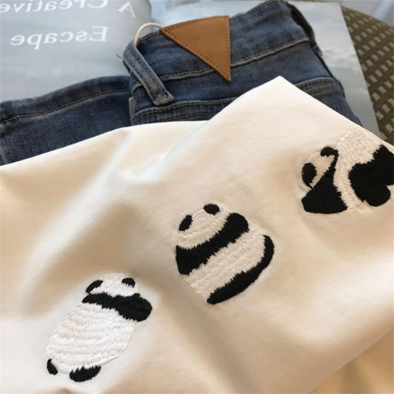 European Size Cotton T-Shirt New Design Spring Women's White Panda Loose Short-Sleeve Heavy Top 2024