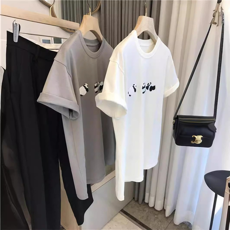 European Size Cotton T-Shirt New Design Spring Women's White Panda Loose Short-Sleeve Heavy Top 2024