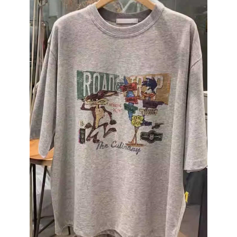 European Size Cotton t Trendy Mid-Length Mmtins Women's Summer Shirt Letter Loose Gray Extra Large Top New Cartoon Short