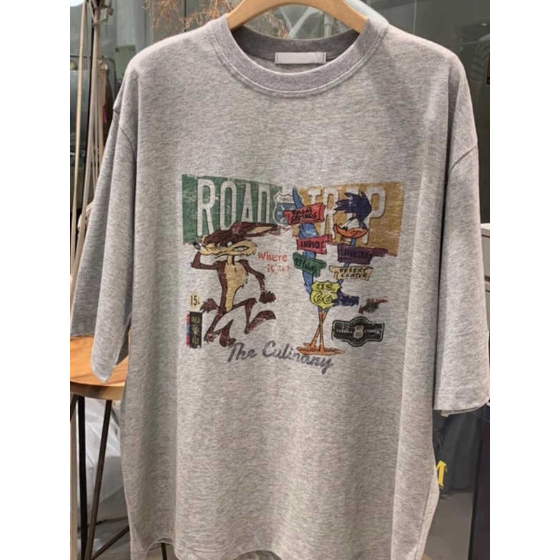 European Size Cotton t Trendy Mid-Length Mmtins Women's Summer Shirt Letter Loose Gray Extra Large Top New Cartoon Short