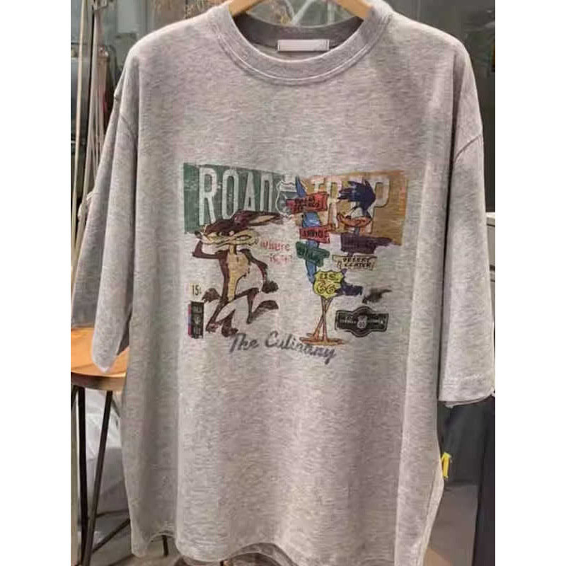 European Size Cotton t Trendy Mid-Length Mmtins Women's Summer Shirt Letter Loose Gray Extra Large Top New Cartoon Short