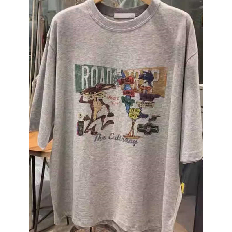 European Size Cotton t Trendy Mid-Length Mmtins Women's Summer Shirt Letter Loose Gray Extra Large Top New Cartoon Short