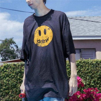 European Size Cotton T-Shirt with Smiley Face for Men and Women, Old Couple Bieber Destroyed Trendy Brand Noeasy Printed T-Shirt Drew Made into Short-Sleeved Retro