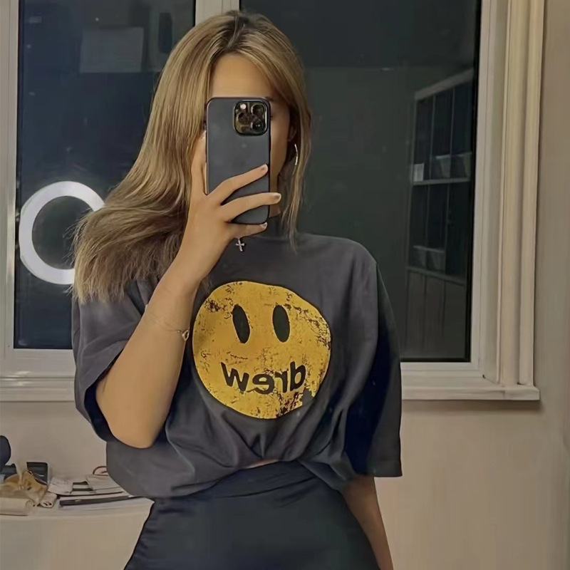 European Size Cotton T-Shirt with Smiley Face for Men and Women, Old Couple Bieber Destroyed Trendy Brand Noeasy Printed T-Shirt Drew Made into Short-Sleeved Retro