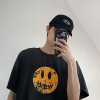 European Size Cotton T-Shirt with Smiley Face for Men and Women, Old Couple Bieber Destroyed Trendy Brand Noeasy Printed T-Shirt Drew Made into Short-Sleeved Retro