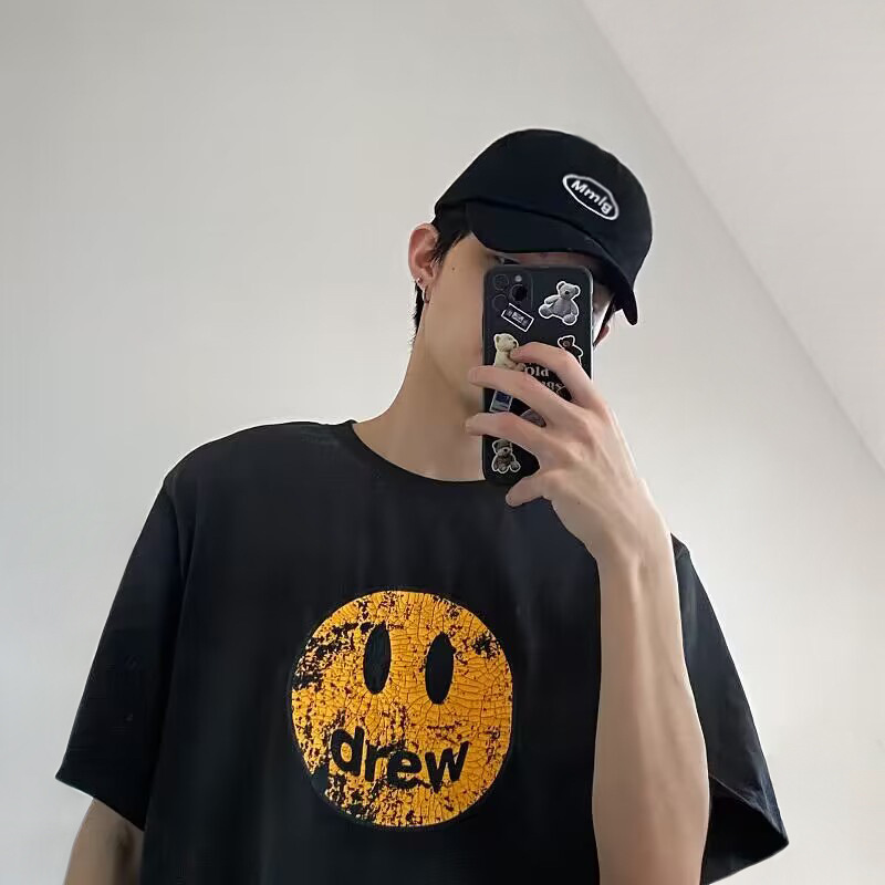 European Size Cotton T-Shirt with Smiley Face for Men and Women, Old Couple Bieber Destroyed Trendy Brand Noeasy Printed T-Shirt Drew Made into Short-Sleeved Retro