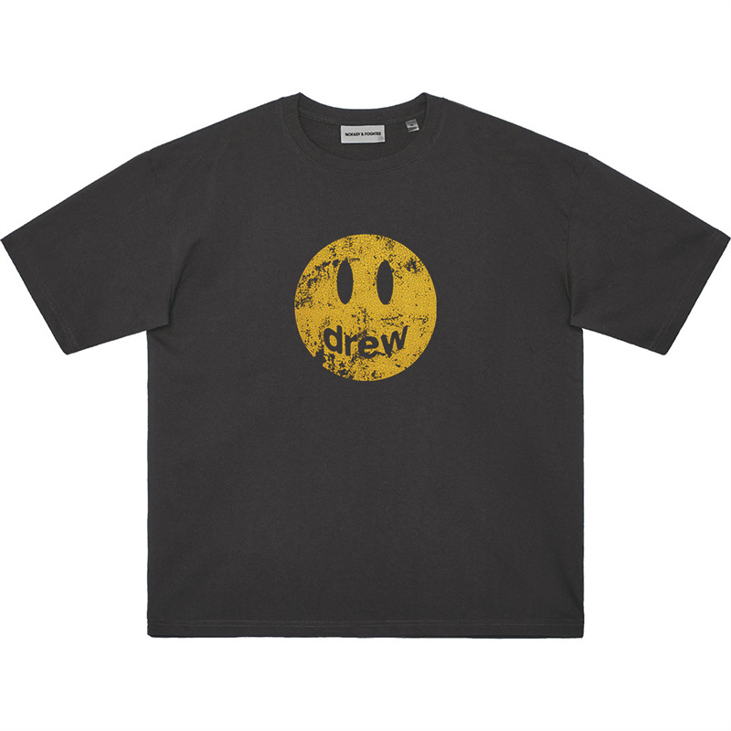 European Size Cotton T-Shirt with Smiley Face for Men and Women, Old Couple Bieber Destroyed Trendy Brand Noeasy Printed T-Shirt Drew Made into Short-Sleeved Retro
