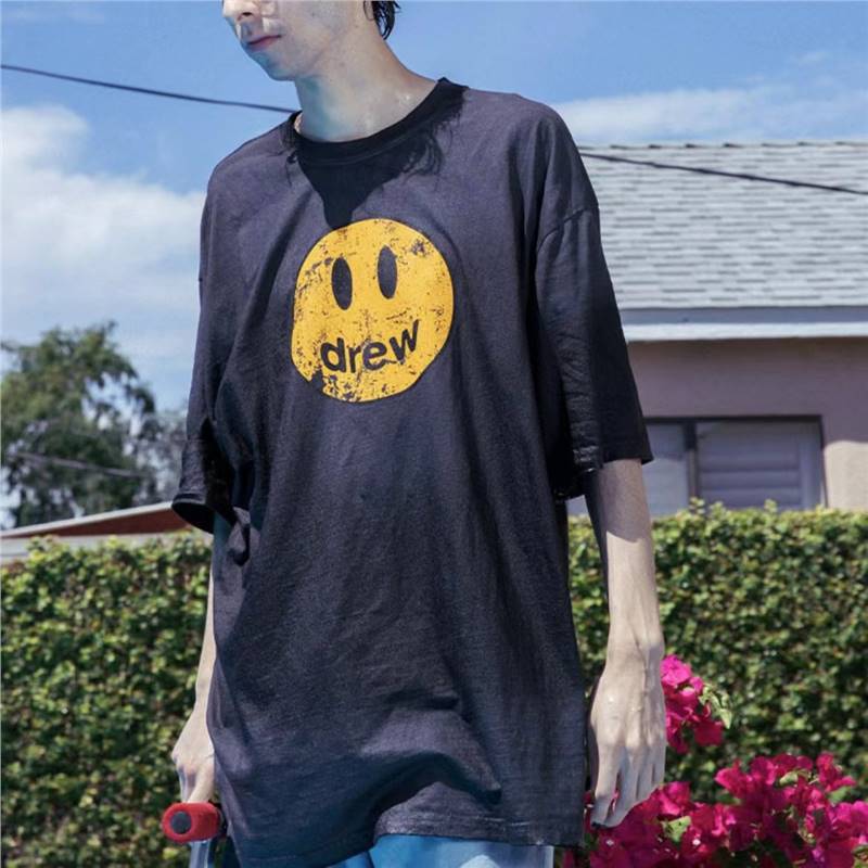 European Size Cotton T-Shirt with Smiley Face for Men and Women, Old Couple Bieber Destroyed Trendy Brand Noeasy Printed T-Shirt Drew Made into Short-Sleeved Retro