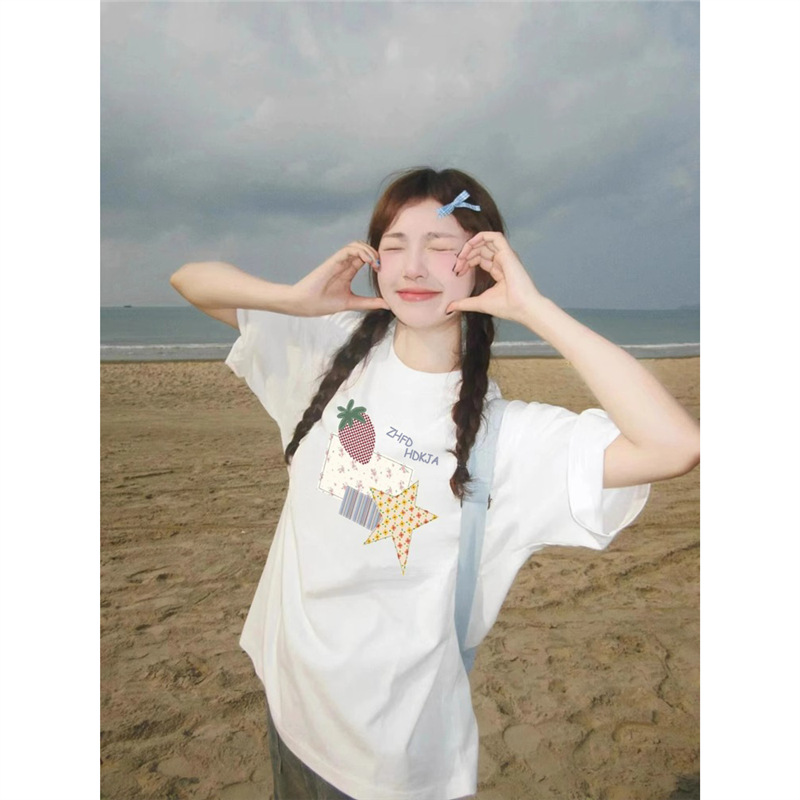 European Size Cotton T-Shirt, Trendy Brand Women's Design Top, 100% Small 2025 White-Gray American Style Summer New Short