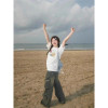 European Size Cotton T-Shirt, Trendy Brand Women's Design Top, 100% Small 2025 White-Gray American Style Summer New Short