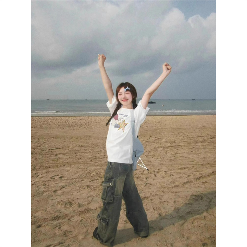 European Size Cotton T-Shirt, Trendy Brand Women's Design Top, 100% Small 2025 White-Gray American Style Summer New Short