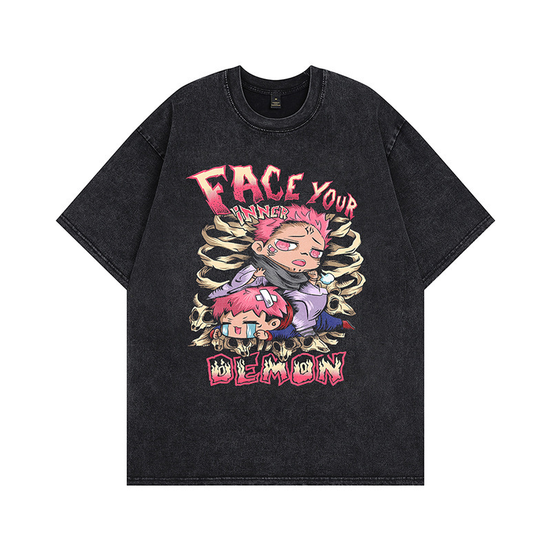 Exclusively for cross-border street men high street heavyweight T-shirt short-sleeved trendy men same style cartoon retro washed American vintage