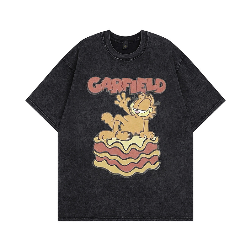 Exclusively for cross-border street men high street heavyweight T-shirt short-sleeved trendy men same style cartoon retro washed American vintage