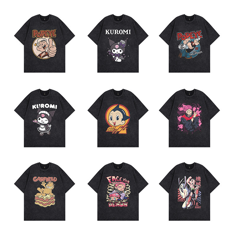 Exclusively for cross-border street men high street heavyweight T-shirt short-sleeved trendy men same style cartoon retro washed American vintage
