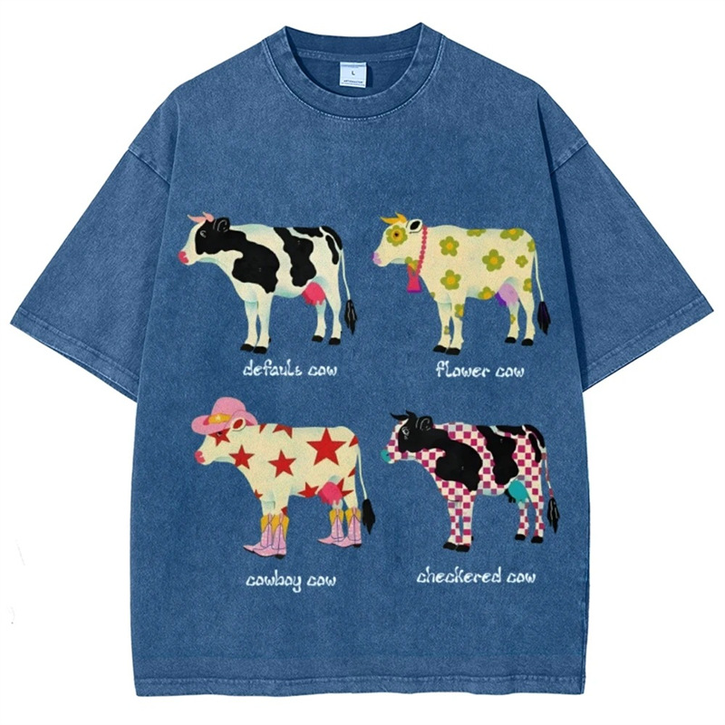 European Size Cotton Tstylevintagecartoonwatercute-Tshirtwashfashprintcow