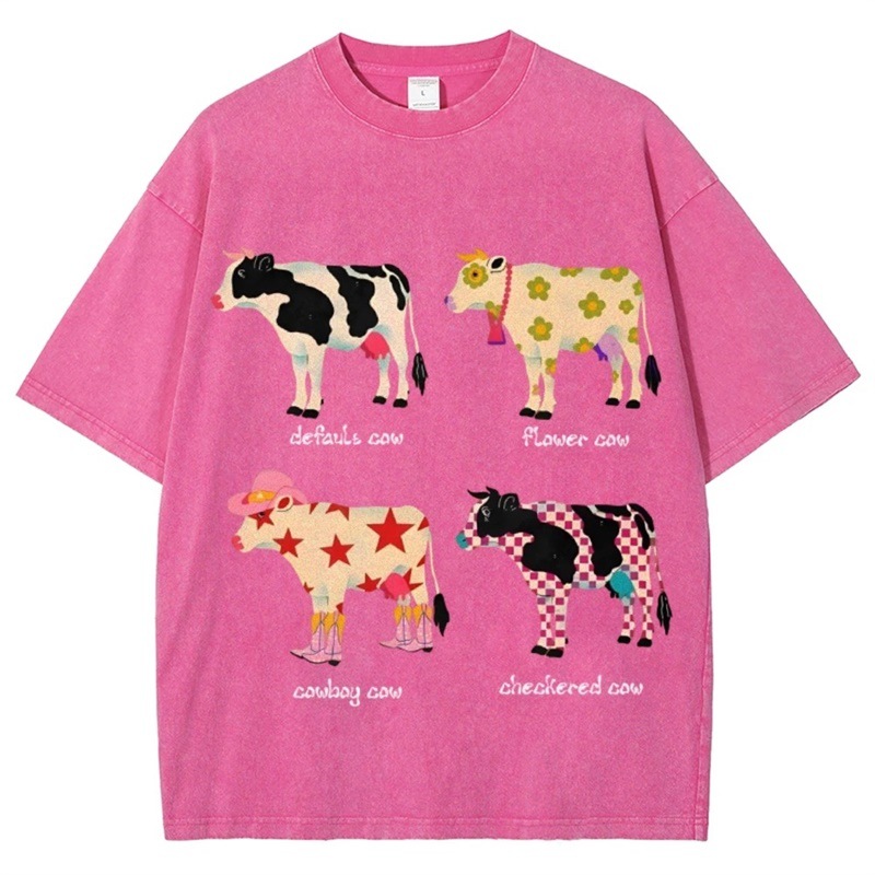 European Size Cotton Tstylevintagecartoonwatercute-Tshirtwashfashprintcow