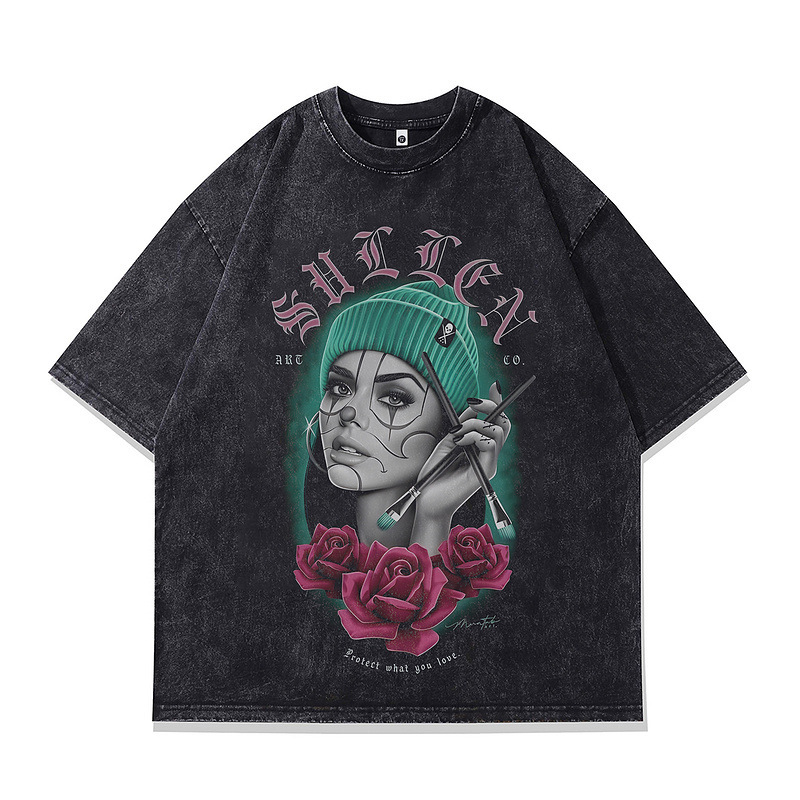 Specially Designed for Cross-Border Washed Old Casual Vintage Gangster Retro Half-Sleeved Street American Men's and Women's Short-Sleeved Printed Tops