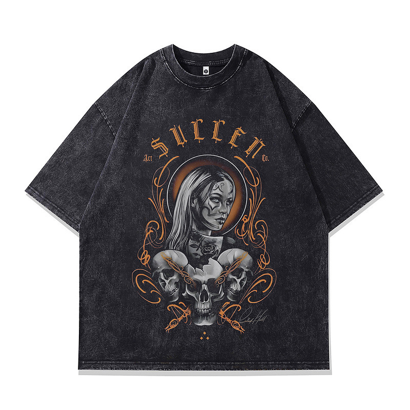 Specially Designed for Cross-Border Washed Old Casual Vintage Gangster Retro Half-Sleeved Street American Men's and Women's Short-Sleeved Printed Tops
