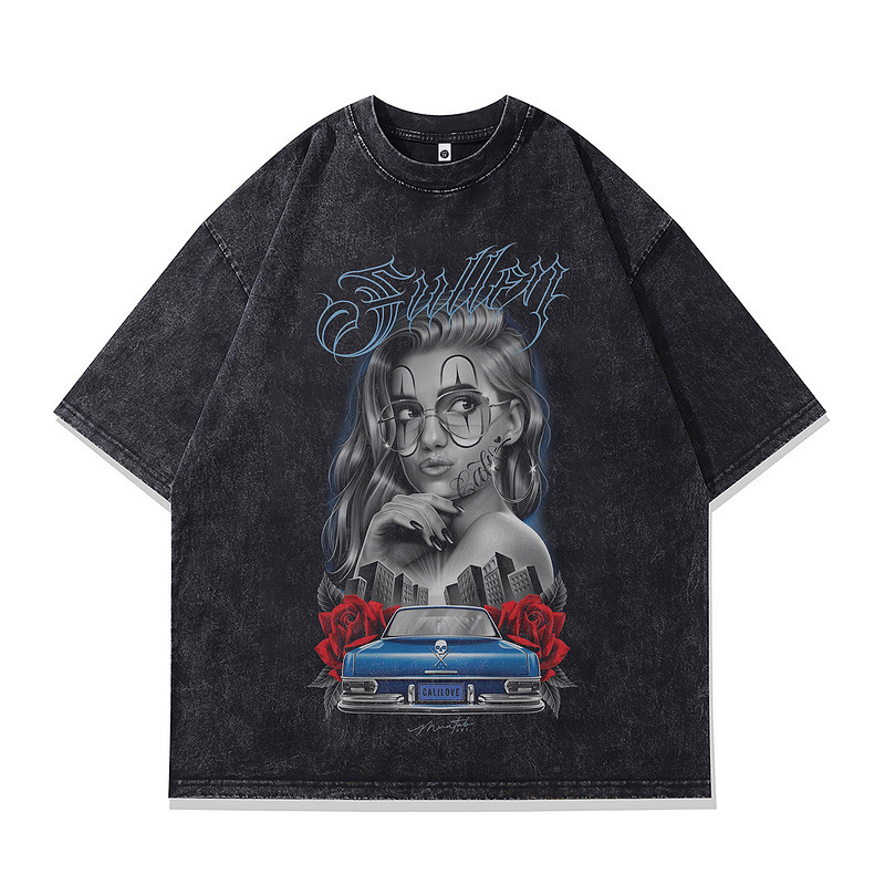 Specially Designed for Cross-Border Washed Old Casual Vintage Gangster Retro Half-Sleeved Street American Men's and Women's Short-Sleeved Printed Tops