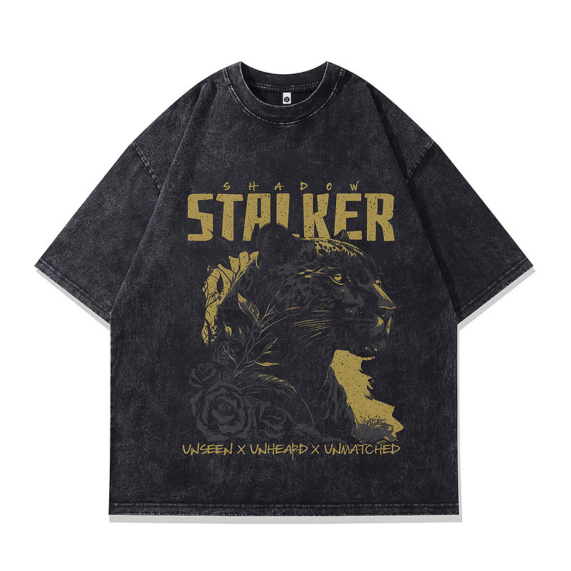 European Size Cotton T-Shirt European and American Short-Sleeve Retro Vintage High Street Wholesale T-Shirt Print Ins Men's Dark Cross-Border Washed T-Shirt