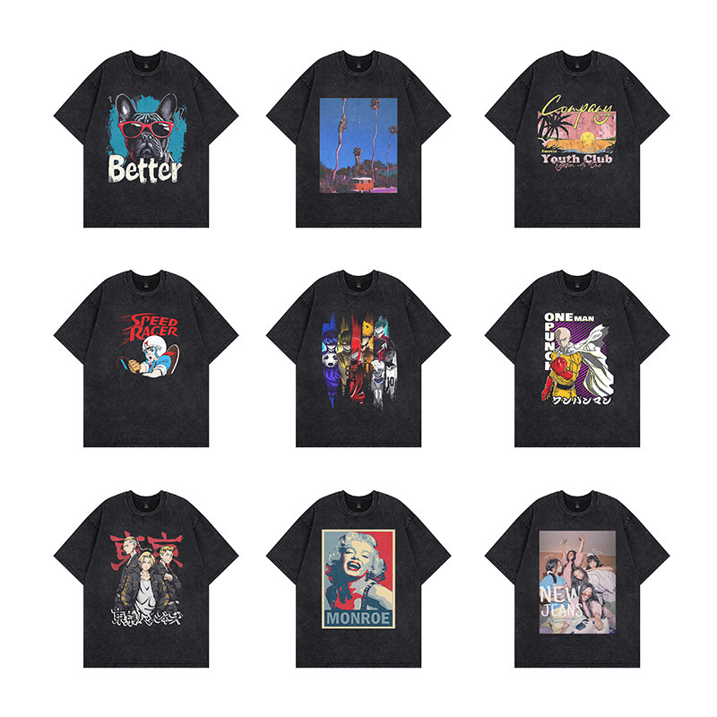 European Size Cotton T-Shirt West Coast Old Trendy Brand Unisex High Street Couple European and American Style Washed Vintage T-Shirt Short Sleeve